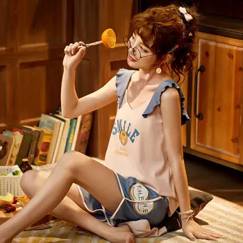 

Nightwear Plus Size Summer Casual Tank Top Shorts Home Suit Cotton Women's Homewear 2 Piece Set Summer SleepWear Home Clothes