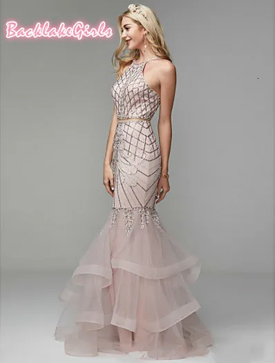 BacklakeGirls Halter Sleeveless Organza Sequined Mermaid Prom Dresses Backless Rufles Vestido Largo De Fiesta