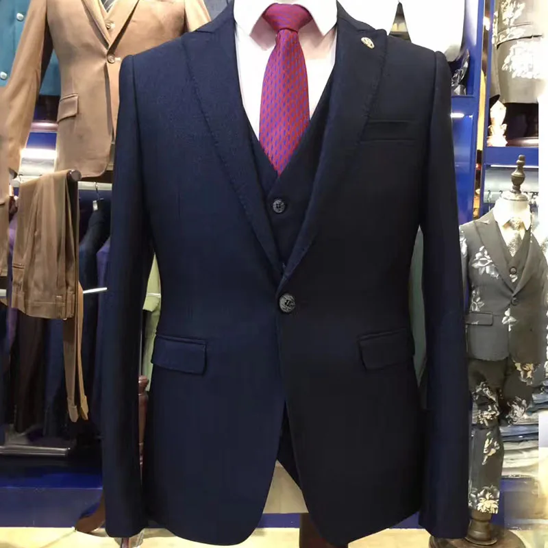 Классические темно-синие мужские свадебные костюмы Slim Fit Жених Смокинги друзей жениха блейзеры куртка выпускного вечера Peaked 3 шт Terno Masculino