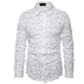 

White Feather Shirt Men Camisa Hombre Hipster Long Sleeve Nightclub Bar Prom Lace Shirt Men Party Stage Singer Costume Homme XXL