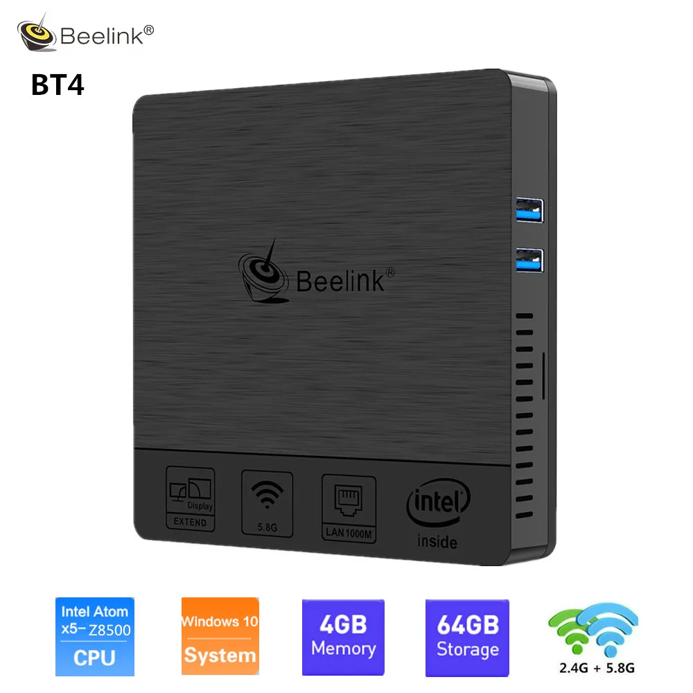 Beelink BT4 мини ПК Intel Atom Windows 10 4 Гб LPDDR3 64 ГБ 2 4G/5 8G Wi Fi BT4.0 поддержка 4K двойной экран VGA + X5