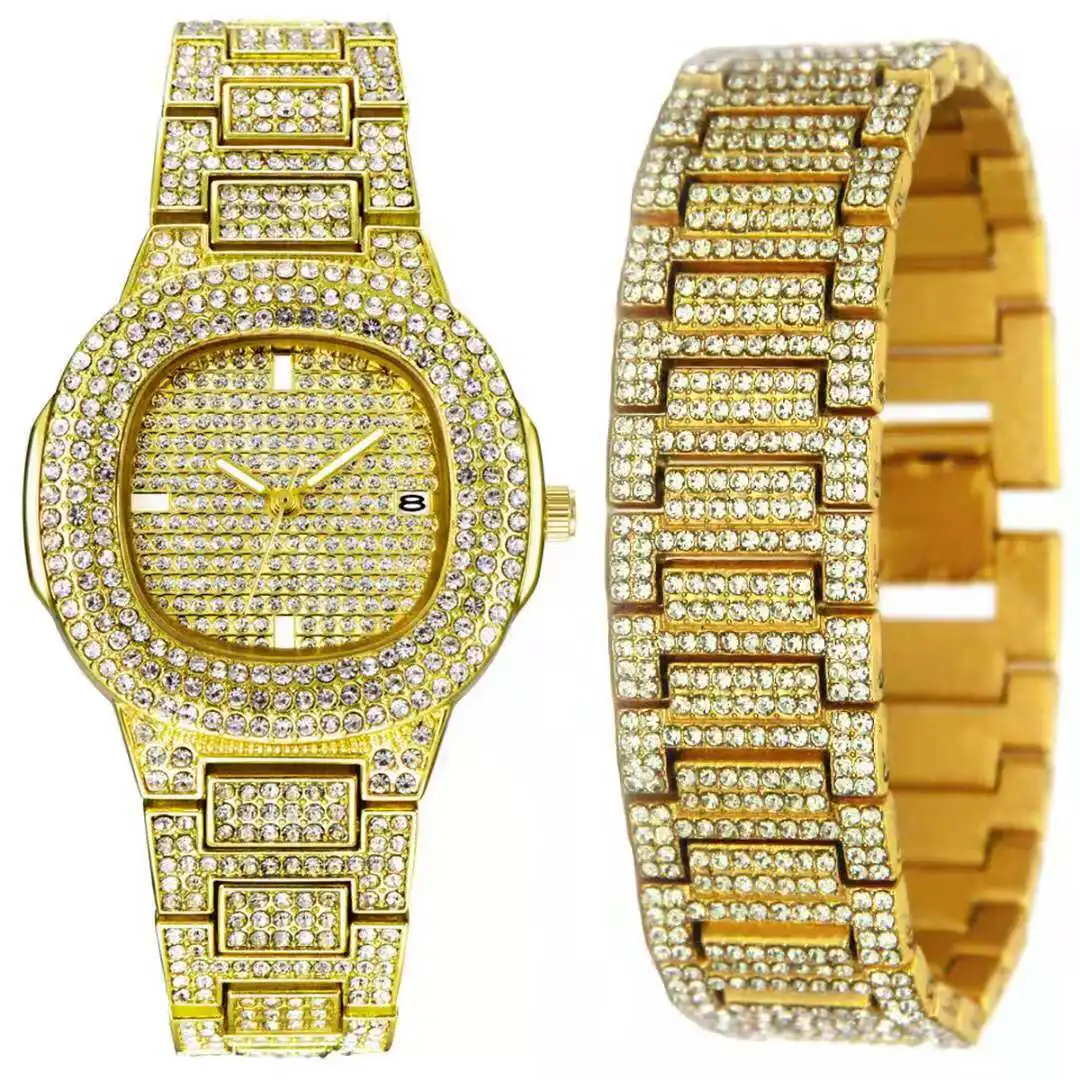 Iced Out Watch Bracelet for Men Business Quartz Wristwatch Hip Hop Gold Diamond Mens Watch Set Cool Luxury Fashion Reloj Hombre