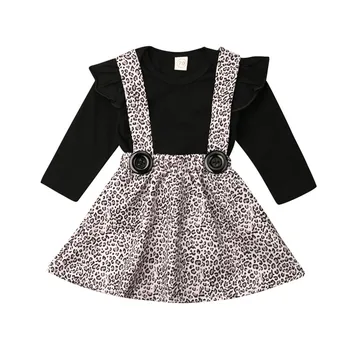 

Infant Baby Girl Clothes Long Sleeve Black Romper+Leopard Bib Dress Skirt Outfit Casual Spring Autumn Clothing Set