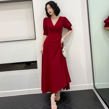 

Burgundy Evening Dresses 2020 V-Neck Puff Sleeve A Line Women Party Gowns Floor Length Zipper Back Formal Robe De Soiree K258