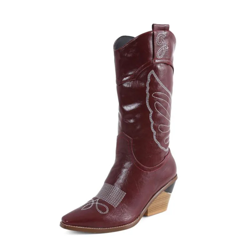 wine red 22 Модные женские ботинки из выбитая микрофибра ковбойские сапоги вестерн с острым носком женские ботинки до середины икры на массивной танкетке для подиума - Цвет: wine red 22