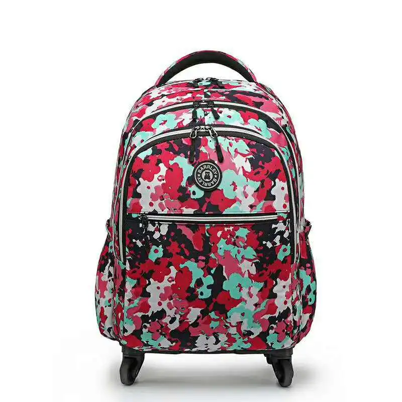 Women Flower Travel Trolley Bags Travel Luggage Trolley Backpacks Bags with Wheels Oxford Rolling Wheeled Luggage Backpack Bags - Цвет: 3