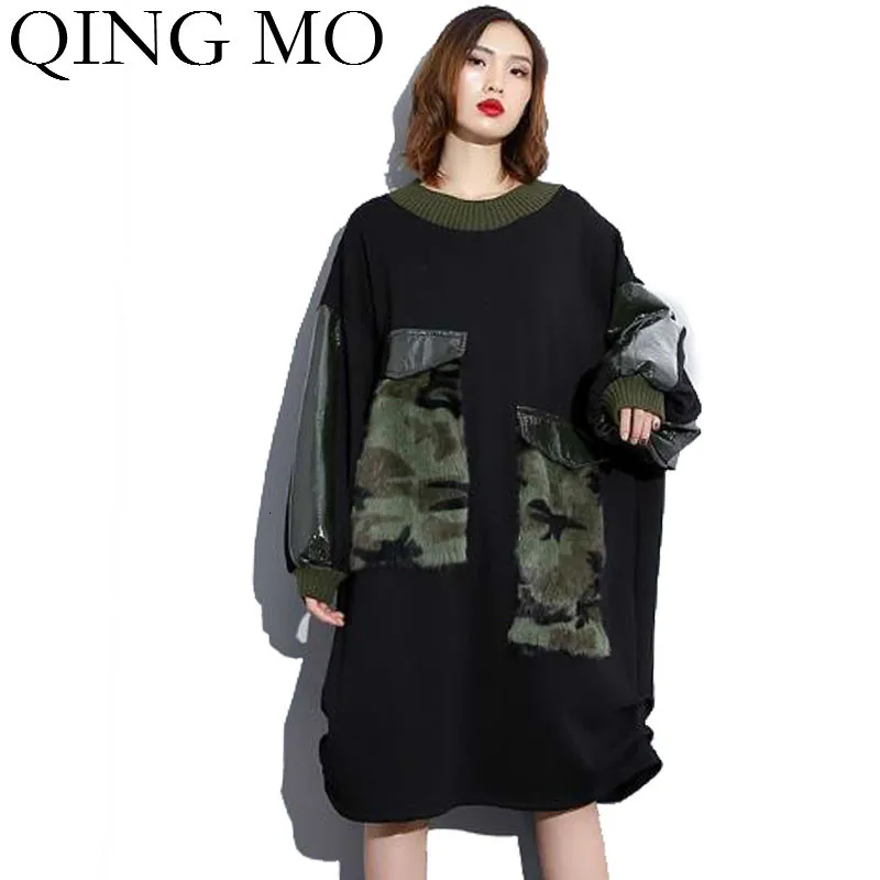 QING MO, черный женский пуловер, толстовка,, Женская камуфляжная толстовка с большими карманами, Женская Лоскутная Толстовка из искусственной кожи ZQY2495