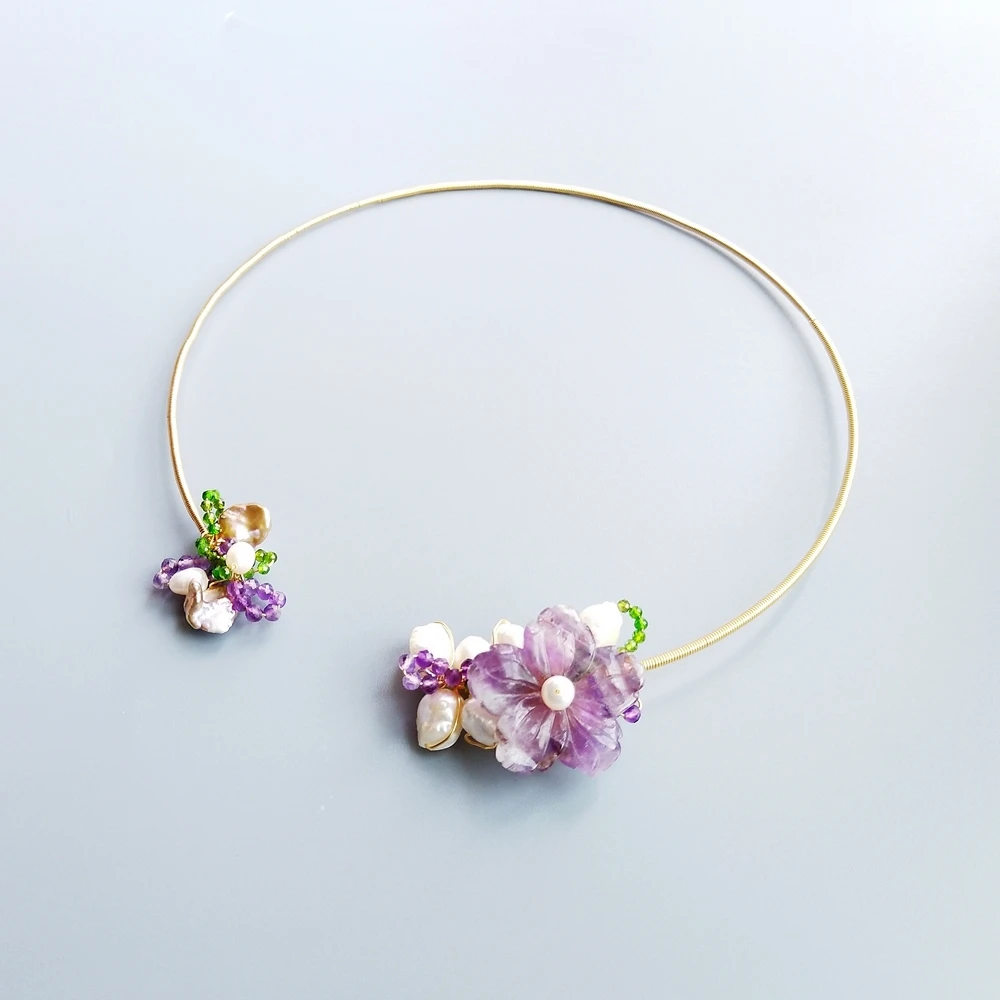

LiiJi Unique Genuine Amethysts Flower Diopsides Baroque Pearl Handmade Choker Open Necklace with Jewelry Box For Women