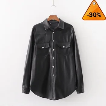 

Womens PU leather slim Blouse Shirt Female Winter faux leather black Shirt Outerwear Womens tops and blouses 2020