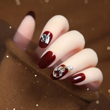 

24pcs Detachable Wearable Fake Nail press on wine red color glitter Diamond Pendant oval head artificial nail with glue for girl