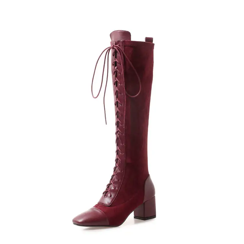 

2019 Cow Leather Knee High Boots Ladies Autumn Winter Riding Boots Women Lace Up High Heels Autumn Stretch Long Boots Female