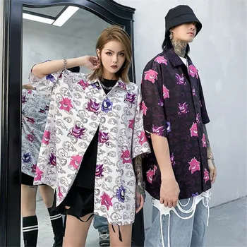 

Shirt Men Funny Gengar Pattern Short Sleeve Pure Cotton Pure Cotton 2020 Spring New Hip Hop Streetwear Harajuku Men's Shirt