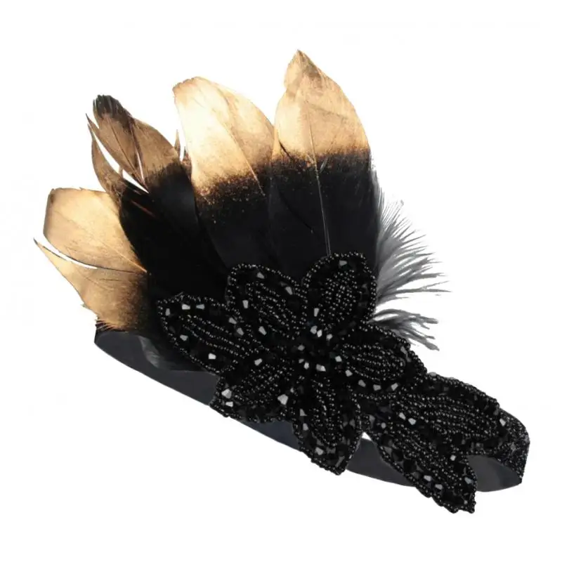 Women's Vintage Feather Headband, Black Rhinestone 20s Flapper Headband - Roaring 1920s Headpiece - Elastic Band