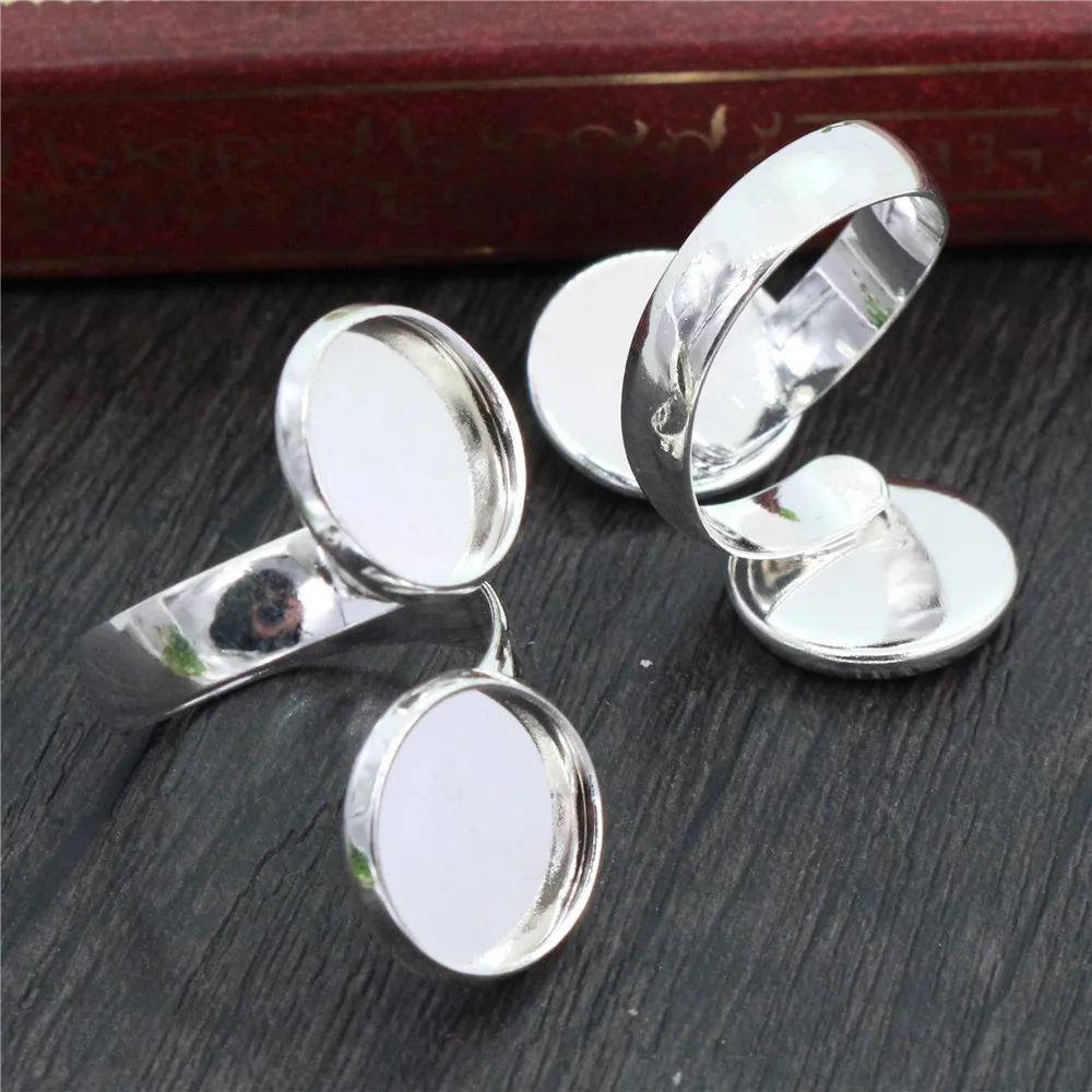

12mm 5pcs Silver Plated Brass Adjustable Ring Settings Blank/Base,Fit 12mm Glass Cabochons,Buttons;Ring Bezels J3-39