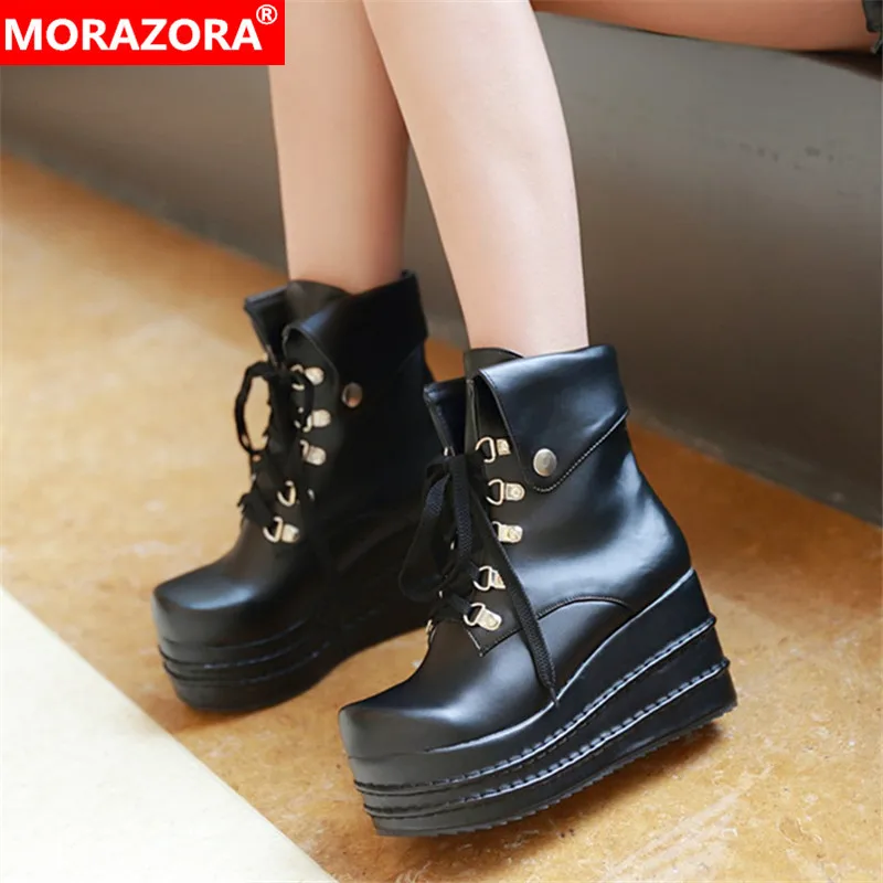 

MORAZORA 2020 new arrival women ankle boots round toe lace up autumn winter wedges platform boots ladies cool casual shoes