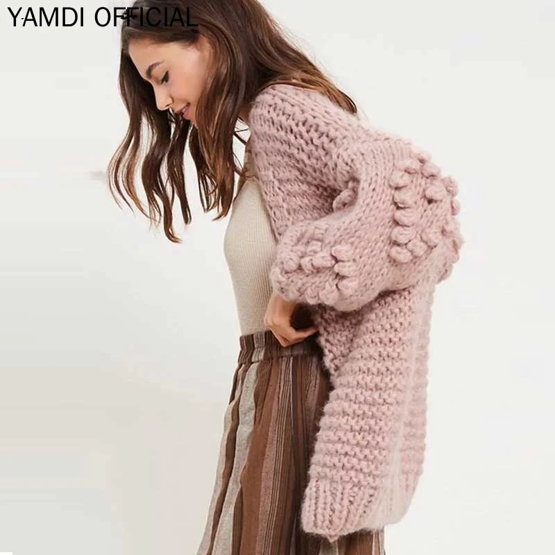 YAMDI, женский кардиган, свитер, пальто, однотонный, розовый, белый, для женщин, с пышными рукавами, для подиума, Ladywarm, вязаные свитера для женщин,, осень, зима