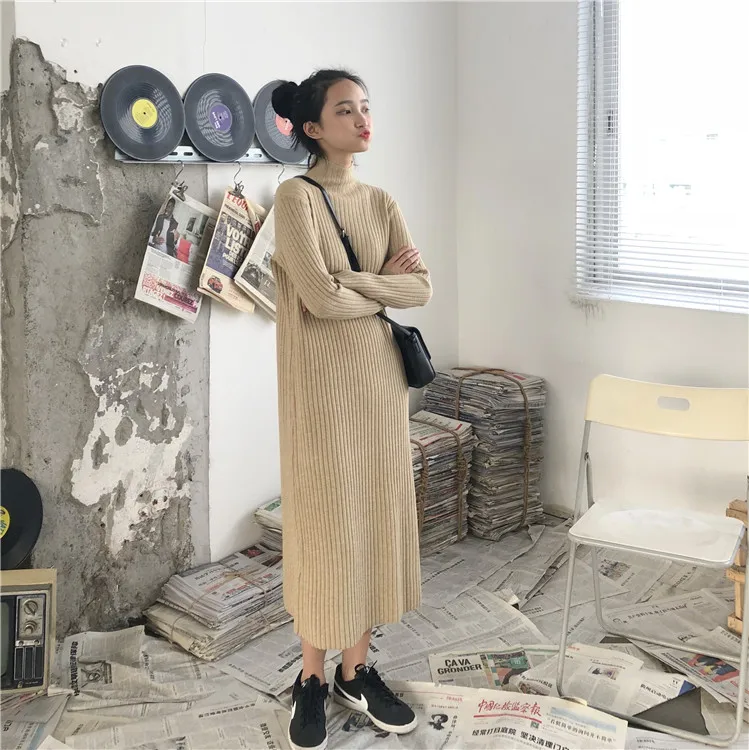 Осень-зима, корейское длинное платье с высоким воротником, длинный рукав, прямое трикотажное Повседневное трикотажное платье, vestidos mujer, Повседневный свитер