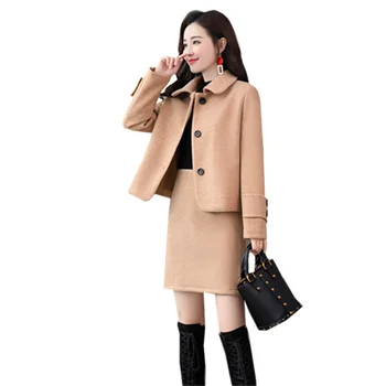 

Spring Autumn New 2 Piece Set Women Woolen Set Elegant Package Hip Skirt Single Breasted Coat Office Skirt Set Female Tide D3343