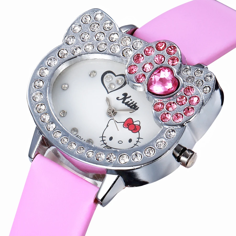 Hello kitty women Leather Watch Kids for Girls Student Infantil Leather Band Clock Relogio Cartoon W