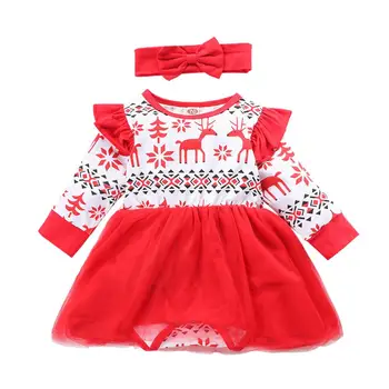 

Infant Baby Girls Autumn Long Sleeve Christmas Deer Romper Dress Newborn Tulle Lovely Bodysuit Fashion Clothes With One Headband