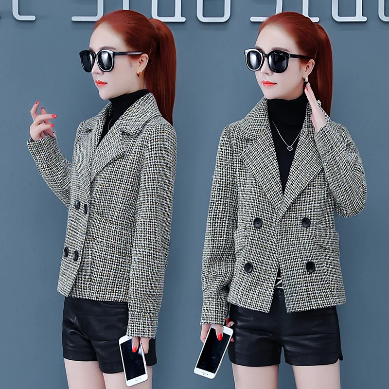 

New Style Fashion Coat Women's 2019 Winter Korean-style Cover Meat Slimming Cool Trend Plaid Turn-down Collar Coat