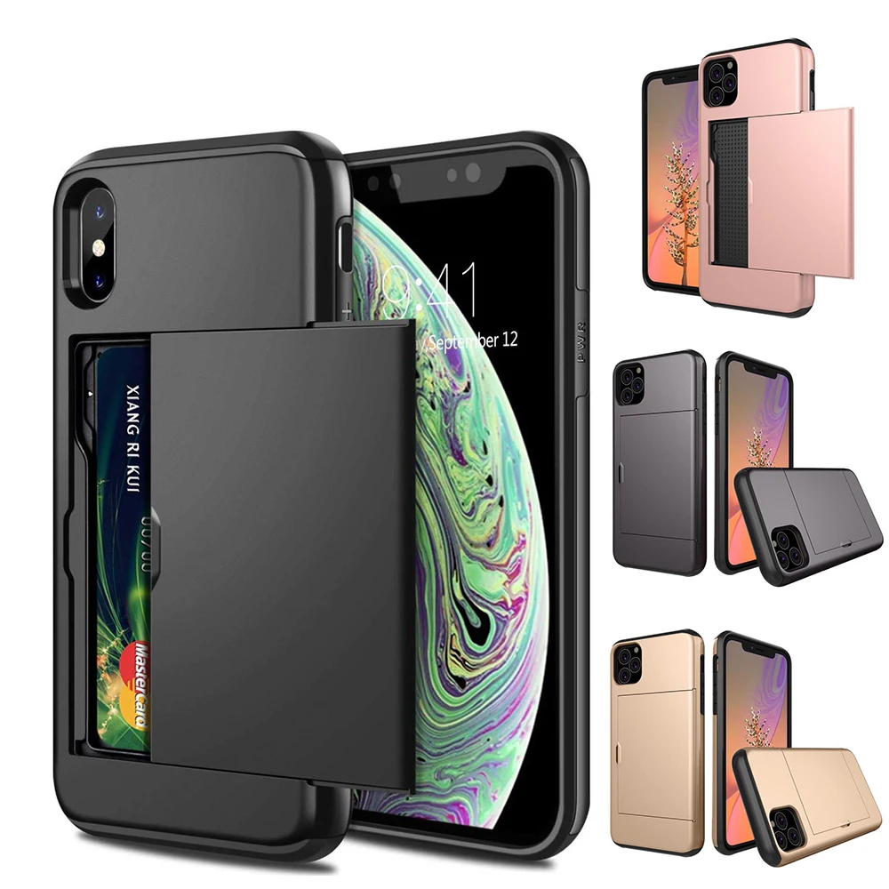 Armor Slide Card Case For iPhone X XS Max XR Wallet Slots Holder Cover 7 8 Plus 11 Pro Cases |