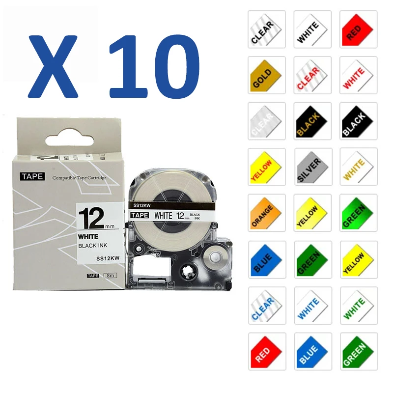 

10 X SS12 кВт, совместимый с этикеточным принтером Epson 12 мм, черный на белом для принтера этикеток Epson King Jim LW400 LW600P LW700 LW1000P