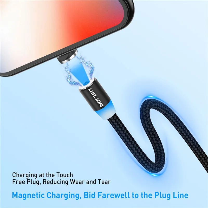 USLION 2 м 3 м светодиодный магнитный кабель Micro usb type C зарядное устройство для iPhone 11 Pro XS Max usb зарядный кабель для huawei samsung Xiaomi
