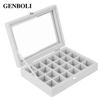

New 24 Grids Rings Jewelry Display Boxes Glass Velvet Organizer Holder Case Women Makeup Storage Casket 20*15*5cm