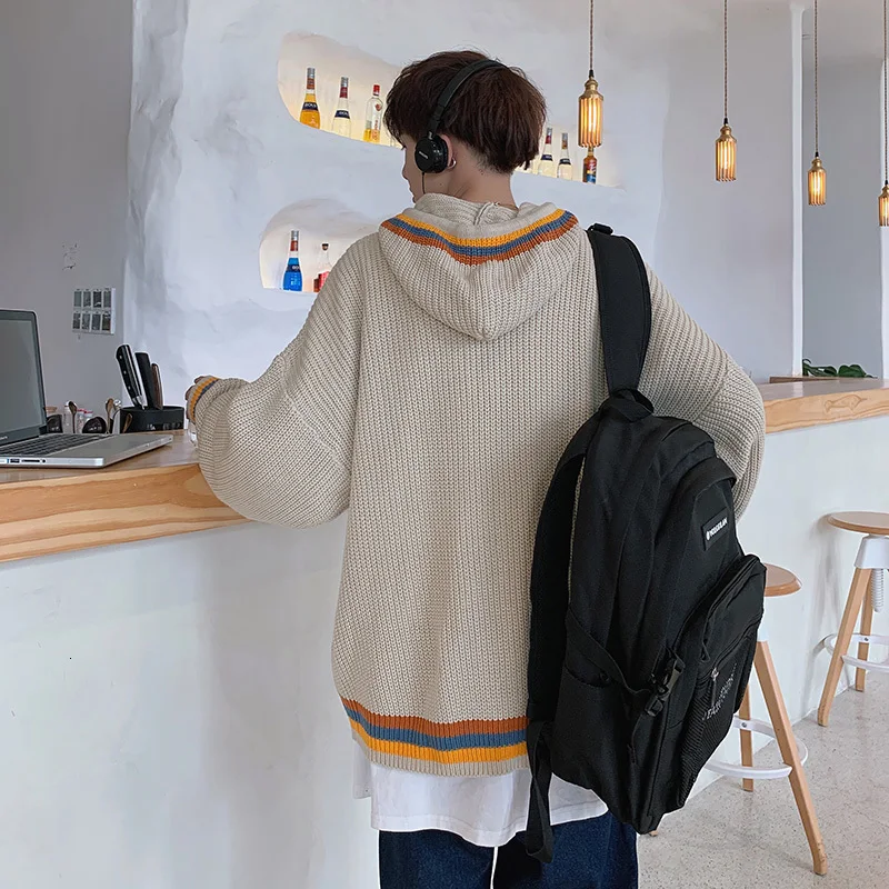 Winter Hooded Sweater Men Warm Fashion Contrast Color Casual Knit Sweaters Men Loose Long-sleeved Pullover Male Sweter Clothes