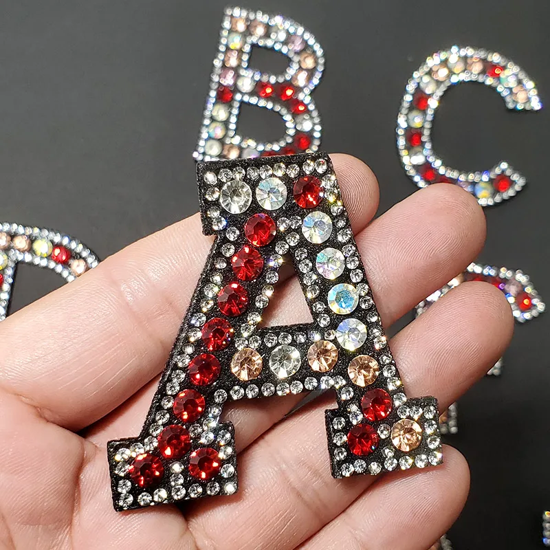 26 Alphabet Letters Red Mix Rhinestone Sew Iron On Patches Embroidery