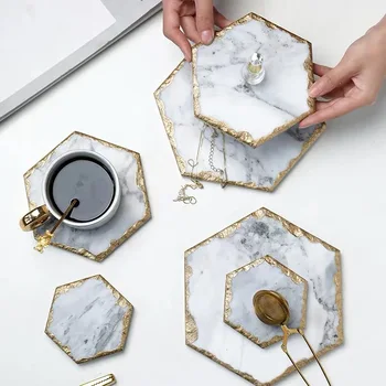 

Nordic Natural Marble Ceramic Tableware Mat Hexagon Cup Coaster Gold Plating Penh Insulation Household Office Use