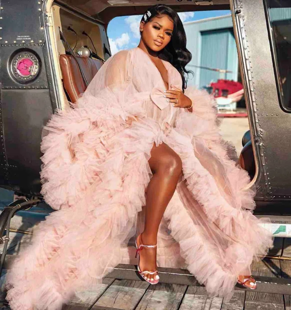 

Pink Illusion Ruffles Tulle Long Sleeve Women Winter Sexy Kimono Pregnant Party Sleepwear Bathrobe Sheer Nightgown Robe
