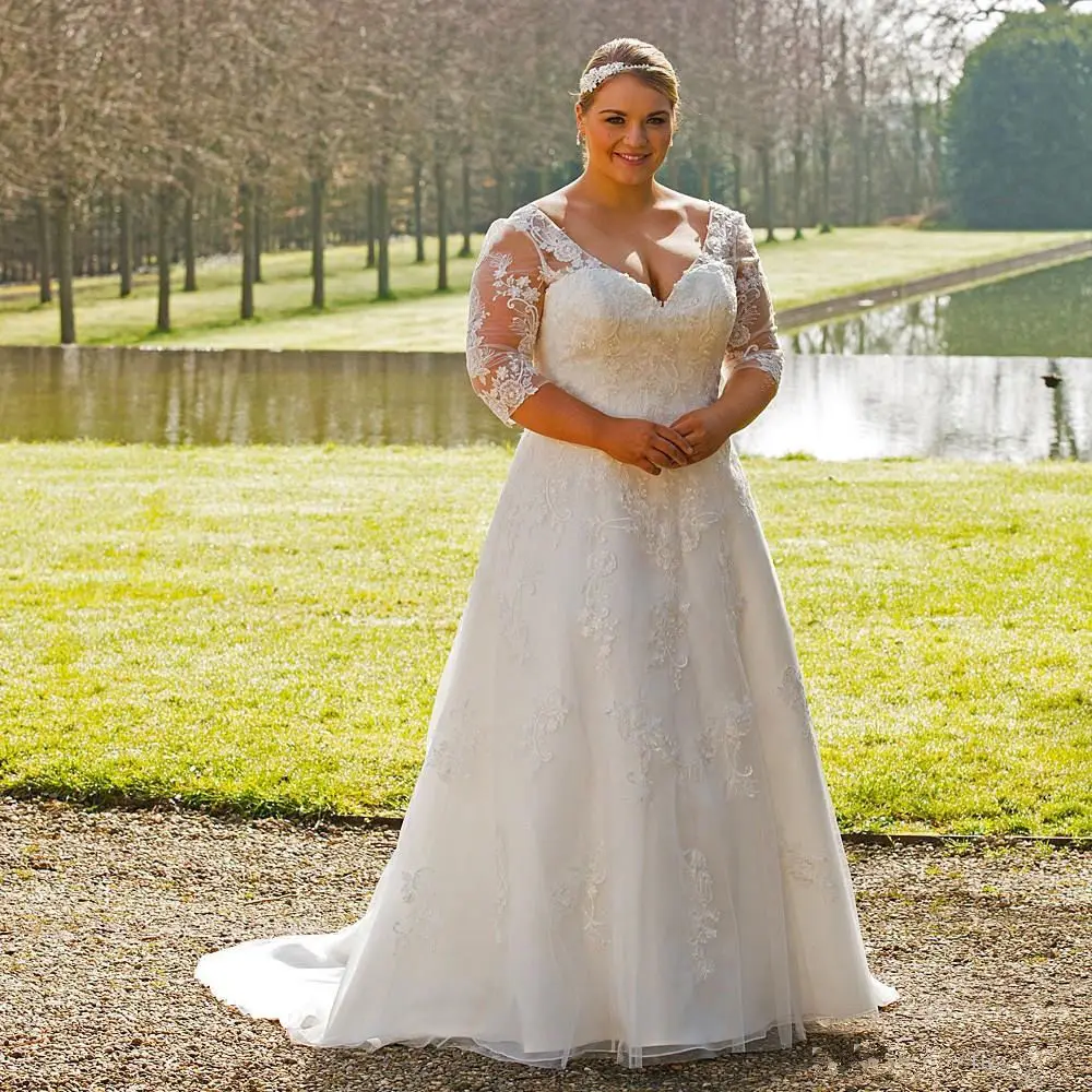 Свадебное платье размера плюс, с рукавами, Vestidos De Novia, летнее, для улицы, аппликация, кружево, на спине, ручная работа, официальное, свадебное платье