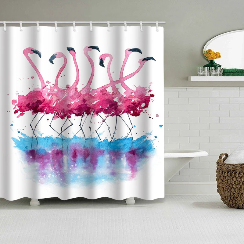 

Green Banana Leaf Pink Dancing Flamingo Watercolor Shower Curtain Waterproof Polyester Bathroom Curtains Fabric Bathtub Decor
