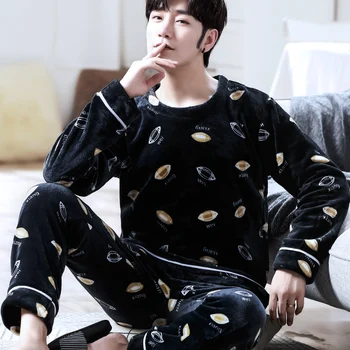 

Men's Pajamas Set Winter Thicken Warm Sleepwear Cartoon Plus Velvet Home Clothes O-Neck Long Sleeve Sleep Tops Trousers Two Pcs