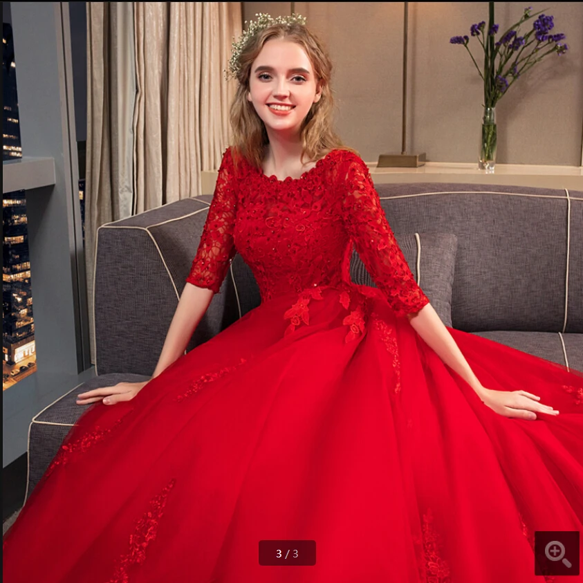 Robe de mariage,, красное кружевное свадебное платье, половинные рукава, бисерные Аппликации, принцесса, пышный корсет, платья невесты