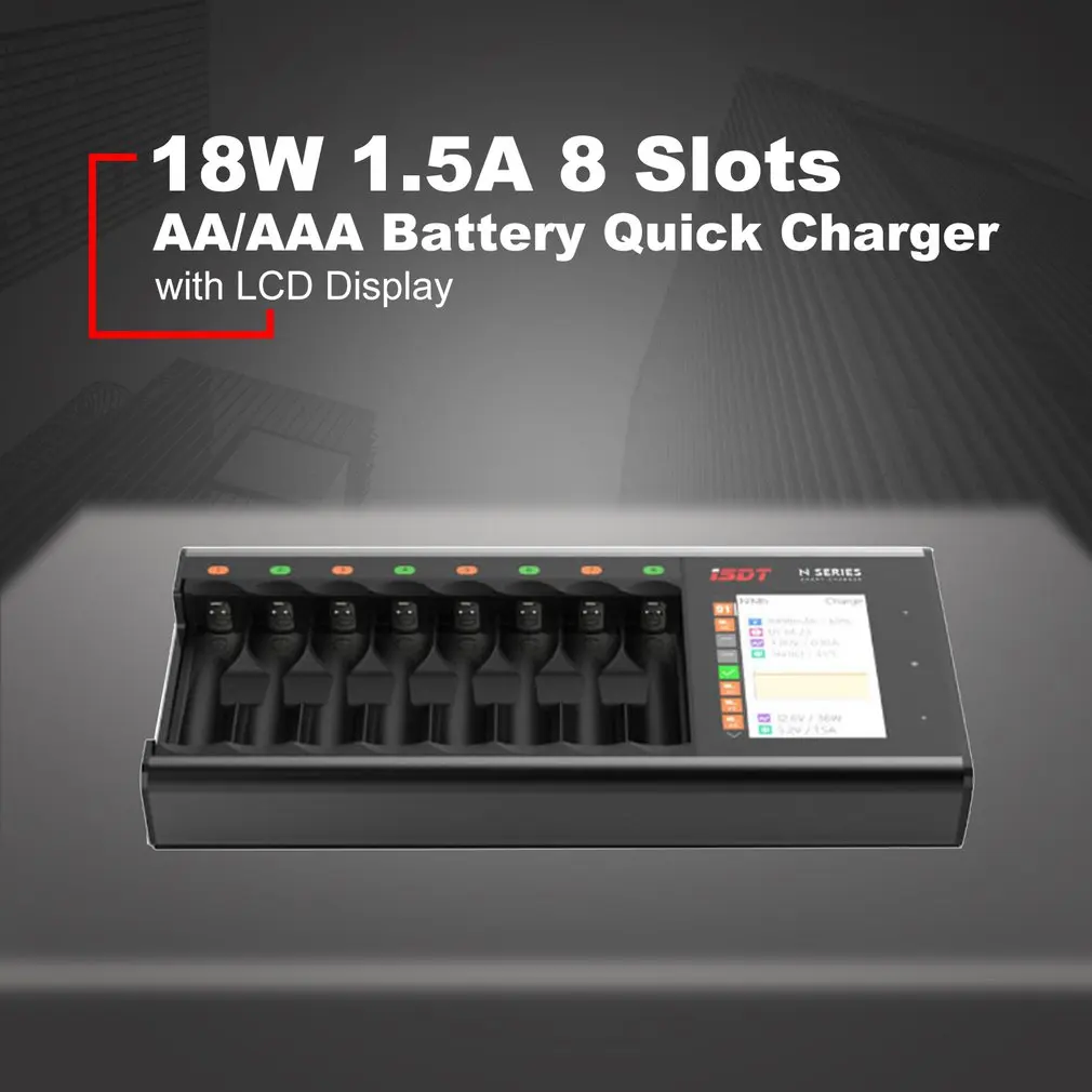 ISDT N8 18W 1.5A 8 слотов AA/AAA батарея быстрое зарядное устройство с ЖК-дисплеем