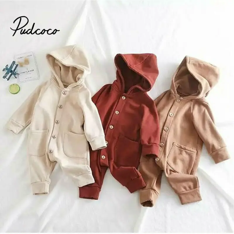 

2019 Baby Spring Autumn Clothing Newborn Infant Baby Boy Girls Kid Solid Long Sleeve Hooded Button Pockets Romper Winter Warm