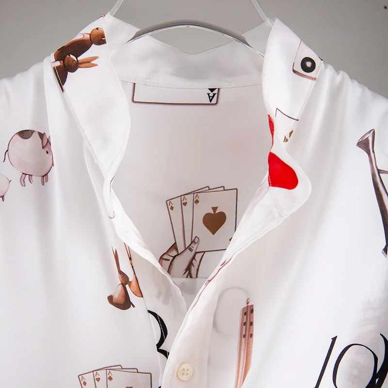 New character printed ribbon palace single breasted long sleeve shirt fashion silky collar S1026