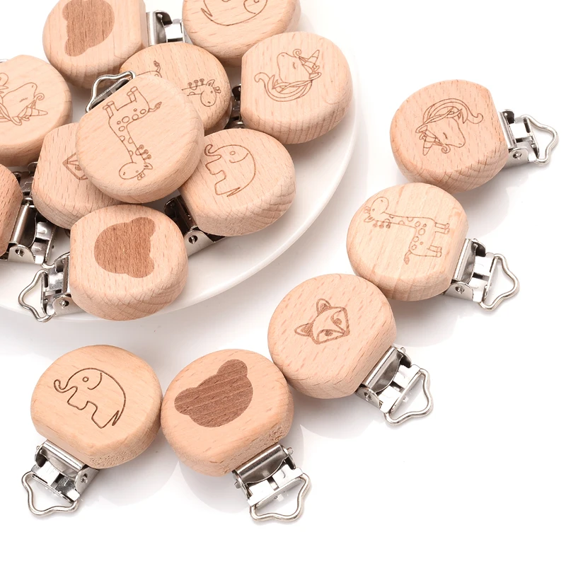 5PcsLotBeechWoodPacifierClipAnimalSmallElephantHeartPattern