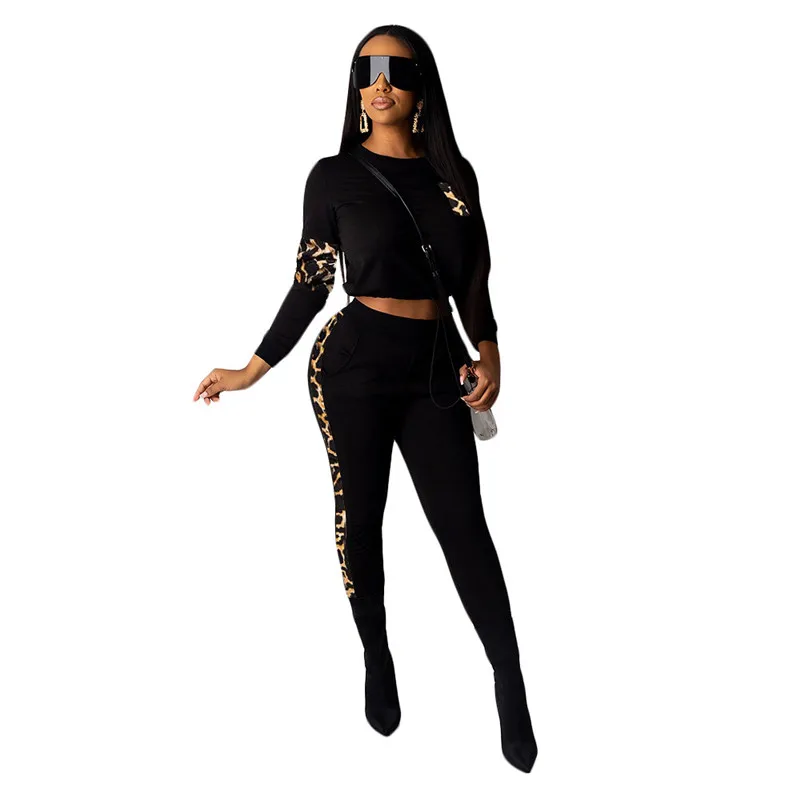 Модный дизайн Женское боди 2 шт. Леопардовый принт женский комбинезон с длинным