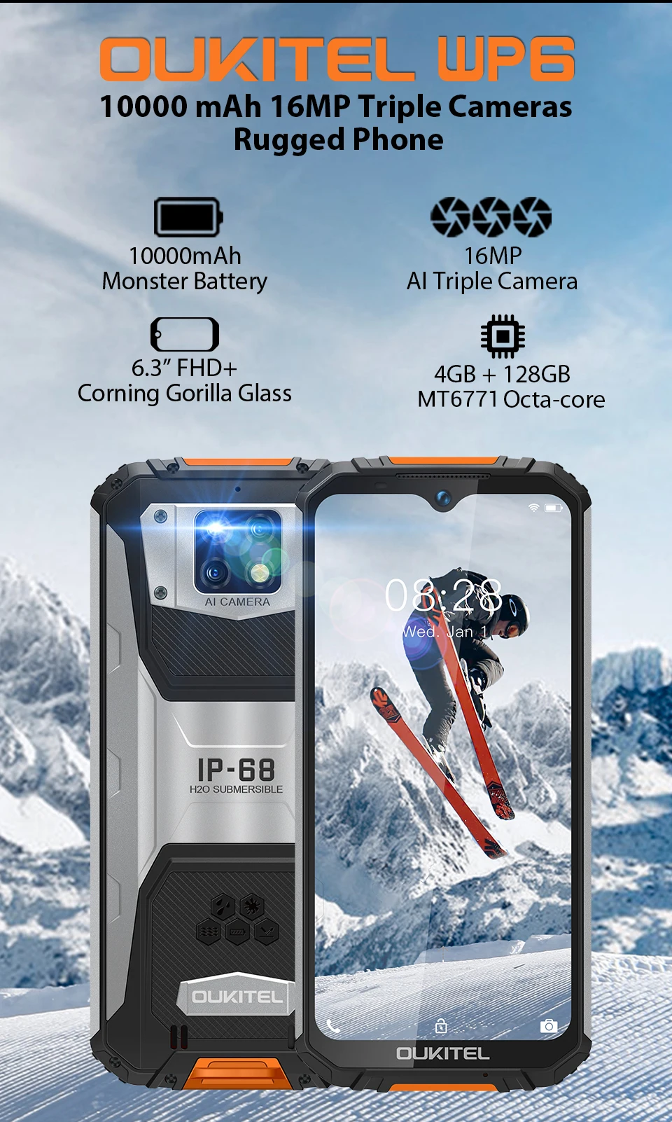 OUKITEL WP6 Rugged Smartphone 6GB+128GB 10000mAh 6.3'' Octa Core FHD+ Mobile Phone 48MP Triple Cameras Rugged Cell Phone best android cellphones