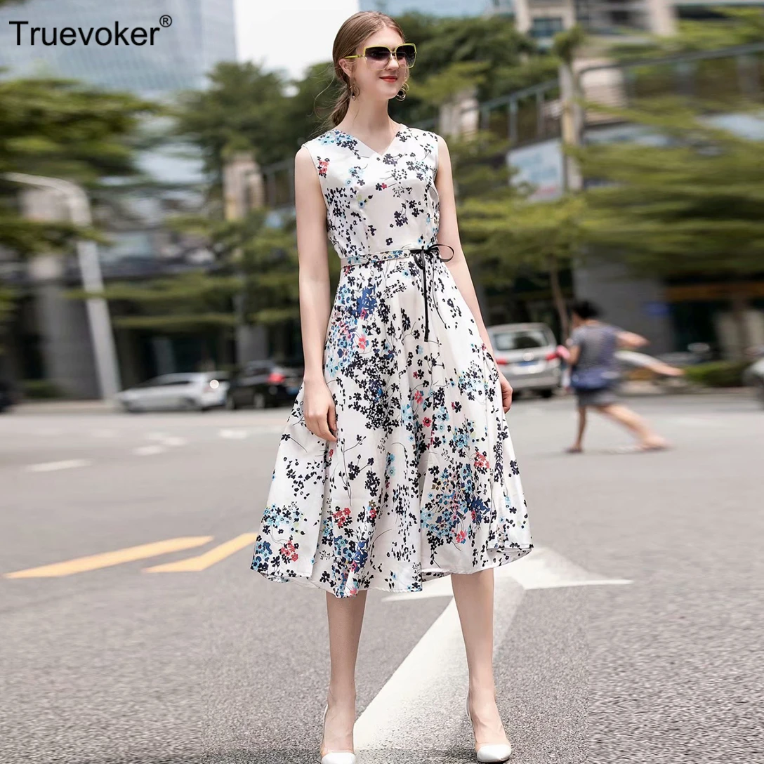 

Truevoker European Designer Dresses Women's High Street Fashion Noble Floral Printed Knee Length Vestidoes