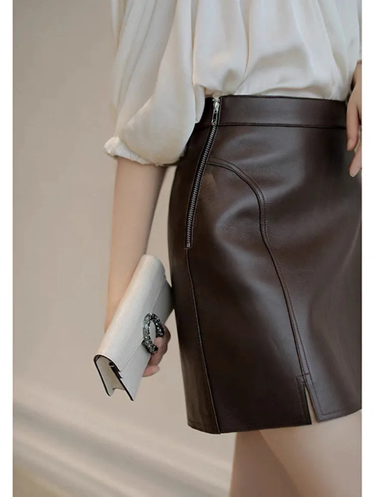 

Mini Skirts Womens 2023 New Fashion Korean Style Black White Genuine Leather Skirt For Women Sexy Ladies