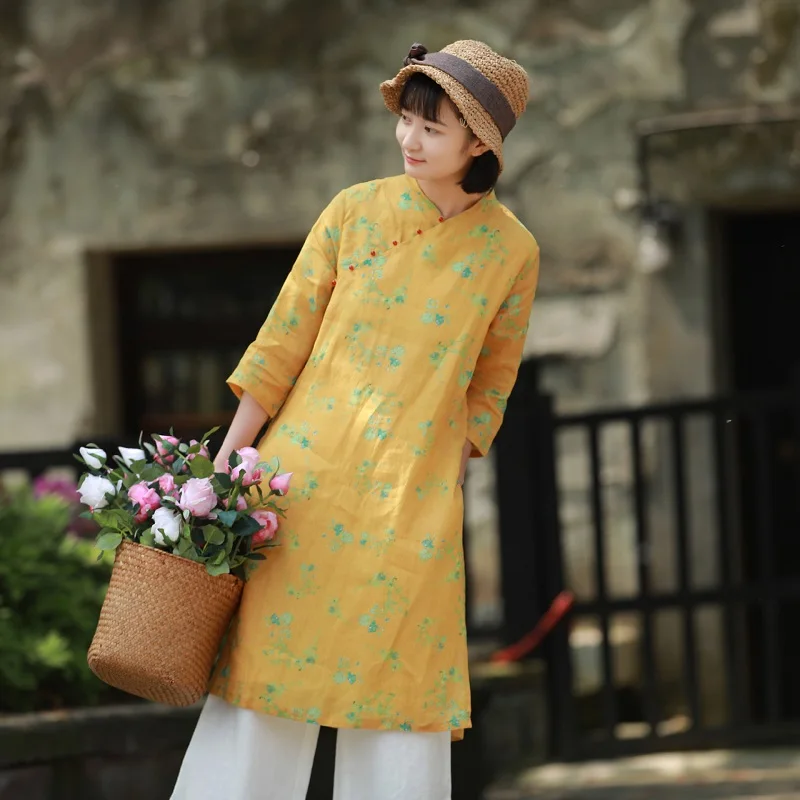 

Literary Double-Layer V-Neck Printing Slanted Front Jade Button Zen Improved Cheongsam Dress Maxi Dress