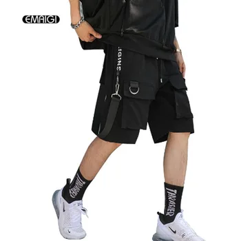 

Homens multi-bolso elástico na cintura design harem shorts rua punk hip hop casual calças curtas corredores masculino calções de
