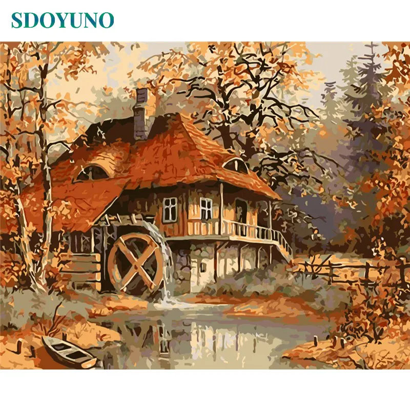 

SDOYUNO Oil Painting By Numbers Nature Landscape autumn cottage 60x75cm DIY Frameless number painting pictures by numbers