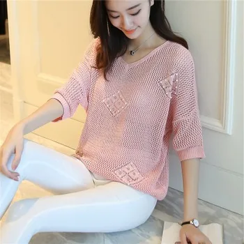 

2020 ladies solid color round neck beaded hollow five-point sleeve T-shirt