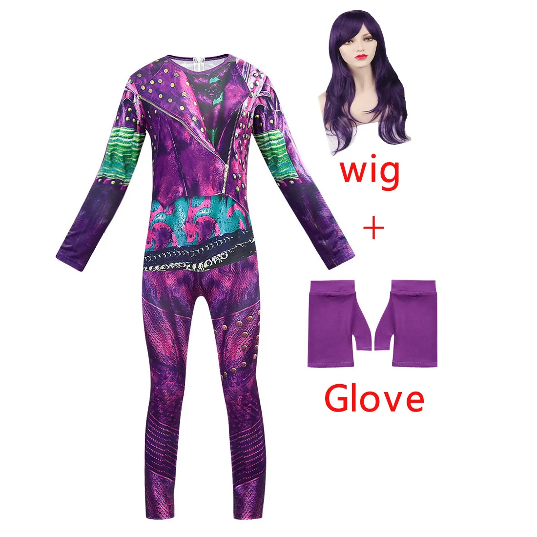 FZ883-wig-gloves Необычные костюмы для девочек с изображением потомков Тала; комбинезоны для девочек; Детские костюмы для косплея Иви; Костюмы для ролевых игр на Хэллоуин с париком - Цвет: FZ883-wig-gloves